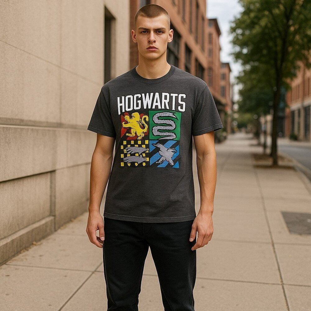 Harry Potter Mens Large Gray Hogwarts Short Sleeve Graphic T Shirt Tee Size L